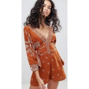 Free People Azalia Embroidered Romper Caramel/Rust Size Large